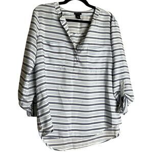 Ann Taylor Blouse Top Women Medium Blue White Stripe Business Casual Nautical